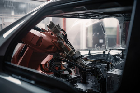 A Close-up of a Robot Installing Windshield in a Car, AI Generatedの素材