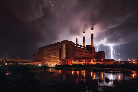 A towering factory in the midst of a stormy sky with bolts of lightning illuminating its structure and smokestacks, AI Generatedの素材