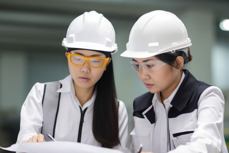 Asian female engineer discussing petrochemical plant blueprint with a colleague in an office, both wearing hard hats and safety vests, AI Generatedの素材