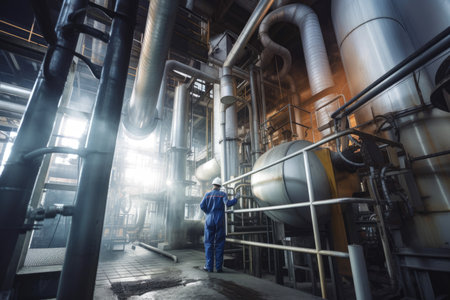 Chemical plant with large smokestacks emitting steam, workers in protective gear monitoring the production process, complex piping, AI Generatedの素材