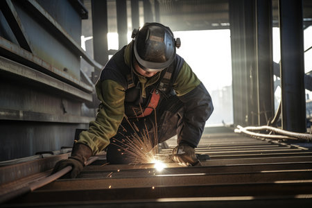 A Construction Worker Welding Reinforcements on a Steel Structure, AI Generatedの素材