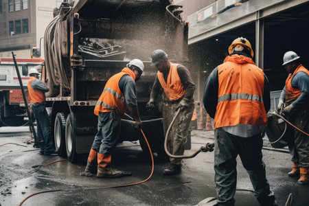 A Group of Workers Operating a Vacuum Truck to Clean Up Debris in a Construction Site, AI Generatedの素材