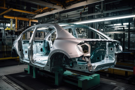 A Machine Stamping Car Body Panels on the Assembly Line, AI Generatedの素材