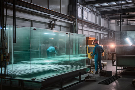 A glass manufacturing plant with workers operating high-temperature furnaces and forming machines to produce glass products, AI Generatedの素材