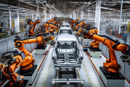 Automotive assembly line with robotic arms and workers assembling vehicles in a modern factory, AI Generatedの素材