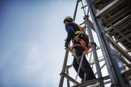 Construction worker wearing a safety harness and climbing a tower crane ladder at a high-rise building site, AI Generatedの素材