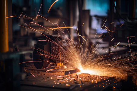A close-up of sparks flying from welding equipment in a factory workshop, AI Generatedの素材