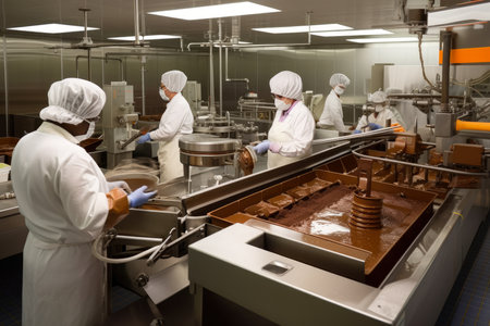 A chocolate production facility with workers operating machinery to melt, mix, and mold chocolate products, AI Generatedの素材