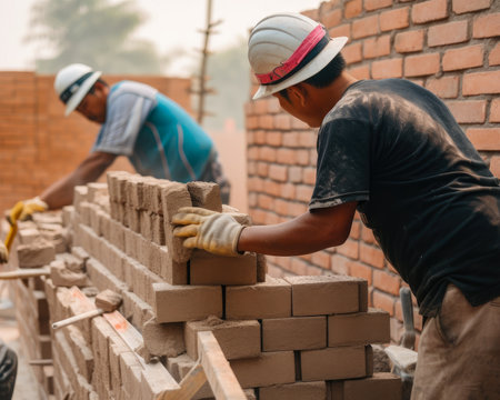 Construction workers laying bricks and mortar to build a wall on a residential construction site, AI Generatedの素材
