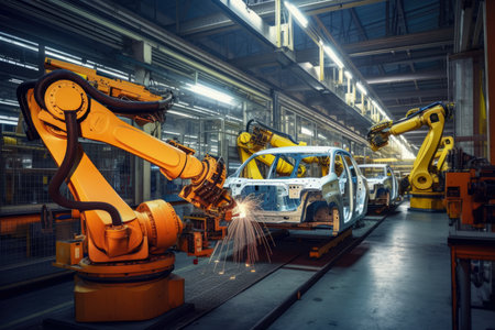 Automotive welding factory with robotic arms and workers in safety gear assembling car frames, joining body panels, AI Generatedの素材