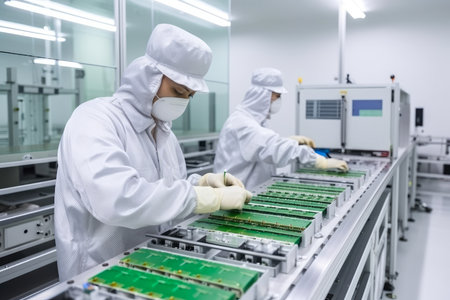 Battery production factory with workers assembling and inspecting lithium-ion batteries, ensuring quality and safety standards, AI Generatedの素材