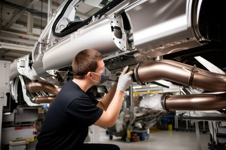 A Worker Installing a Car Exhaust System on the Assembly Line, AI Generatedの素材