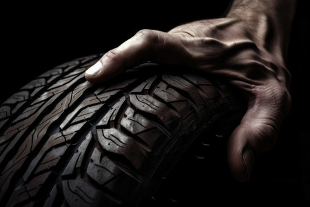 Close-up of a skilled mechanic's hands gripping a new car tire, displaying its tread pattern, with a contrasting black background and room for textual content, AI Generatedの素材