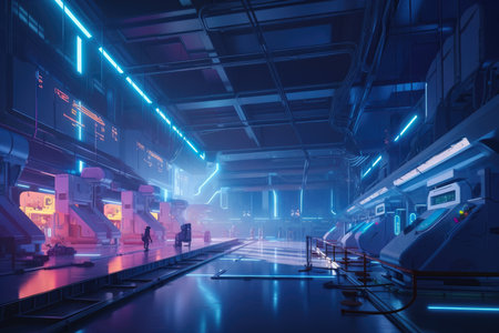 A futuristic factory with sleek lines, neon lights, and robots working alongside humans, AI Generatedの素材