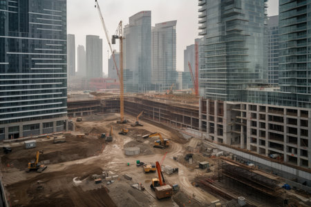 Construction site bustling with activity as cranes, bulldozers, and workers build a high-rise building, AI Generatedの素材