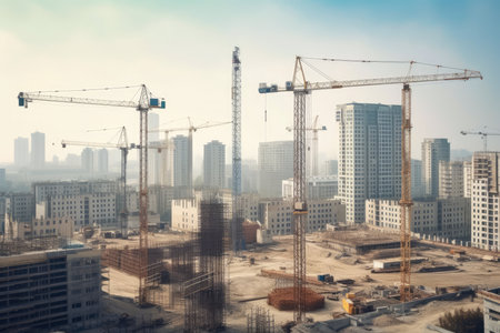 Construction site with cranes and workers building a skyscraper, transforming the city skyline, AI Generatedの素材