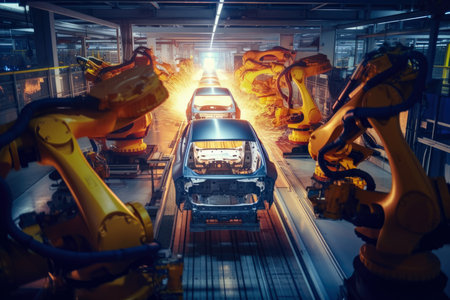 Dramatic shot of a car factory floor, workers and robots welding and assembling cars in warm lighting, AI Generatedの素材