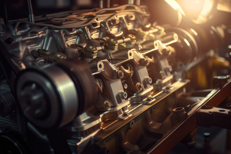Cinematic shot of a car engine assembly in warm light, showcasing the complexity and precision of the process, AI Generatedの素材