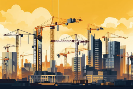 Construction site with cranes and workers building a skyscraper, transforming the city skyline, AI Generatedの素材