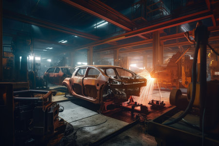 Dramatic shot of a car factory floor, workers and robots welding and assembling cars in warm lighting, AI Generatedの素材
