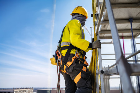 Construction worker wearing a safety harness and climbing a tower crane ladder at a high-rise building site, AI Generatedの素材