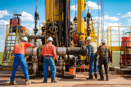 Busy oil and gas workers in safety gear maintaining and inspecting a drilling site with machinery and equipment, AI Generatedの素材