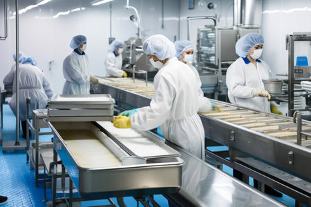 Food processing plant with workers in protective gear packaging freshly prepared meals, conveyor belts moving food containers, AI Generatedの素材