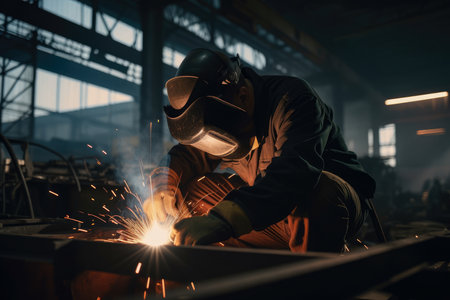 Industrial Welders Welding Large-Scale Steel Constructions in a Power Plant, AI Generatedの素材