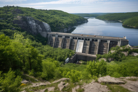 Huge hydroelectric dam with flowing water, surrounded by a lush green landscape", AI Generatedの素材
