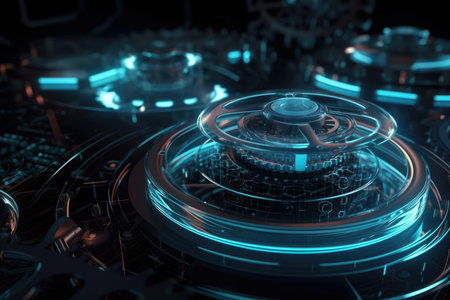 Futuristic holographic gear wheels projected in a 3D space, symbolizing advanced technology and engineering, AI Generatedの素材