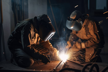 Group of welders in work clothes welding metal pipes, with bright sparks flying in the air, AI Generatedの素材
