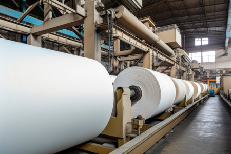 Industrial Paper Mill with Pulp and Paper Rolls, AI Generatedの素材