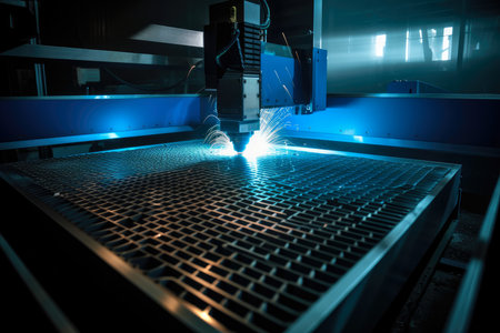 Intense Blue Laser CNC Cutting Steel, Industrial Workshop Scene, AI Generatedの素材