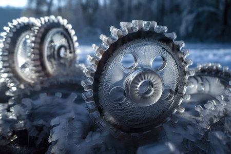 Gear wheels made of ice, intricately connected, set against a frosty, winter landscape, AI Generatedの素材