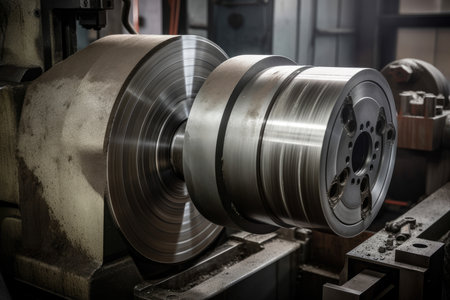Image of cylindrical part being shaped with abrasive wheel in manufacturing plant, AI Generatedの素材