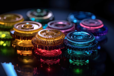 Macro shot of interconnected, colorful gear wheels made of glass, reflecting light in a unique pattern, AI Generatedの素材