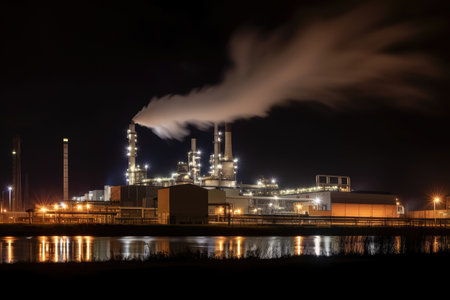 Nighttime view of a sugar factory, with its illuminated structure, smokestacks, and steam rising from the production process, AI Generatedの素材