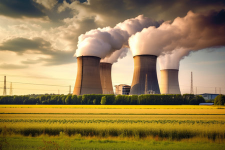 Large nuclear power plant with cooling towers emitting steam, producing energy in a rural landscape, AI Generatedの素材