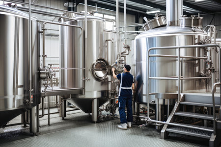 Modern brewery facility with large stainless-steel tanks, pipes, and workers monitoring the beer production process, AI Generatedの素材