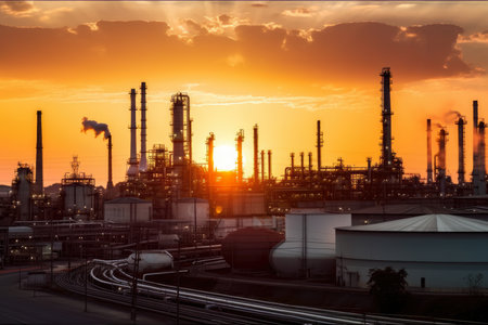 Oil refinery at sunset, emitting smoke while producing fuel for transportation, AI Generatedの素材