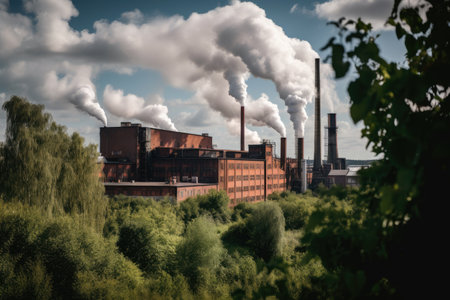 Large factory with tall smokestacks releasing plumes of smoke, surrounded by lush greenery, illustrating the contrast between industry and nature, AI Generatedの素材