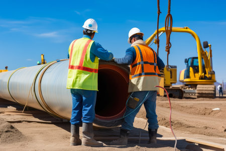 Oil and gas industry workers collaborating on a pipeline construction project, with heavy machinery and equipment on site, AI Generatedの素材