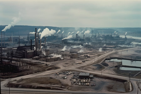 Panoramic view of a sprawling industrial landscape, with large factory buildings, smokestacks emitting steam, and a network of cranes and pipelines, AI Generatedの素材