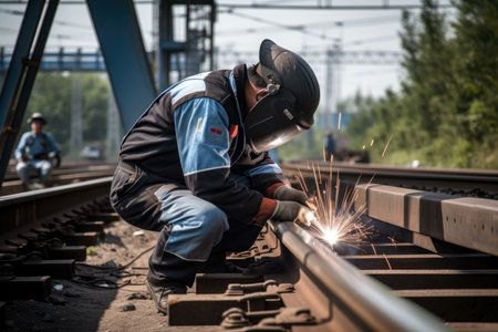 Professional Welders Welding Steel Structures for High-Speed Railway Bridges, AI Generatedの素材