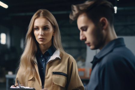 Portrait of a woman in work clothes holding a clipboard and discussing with workers in a busy factory, AI Generatedの素材