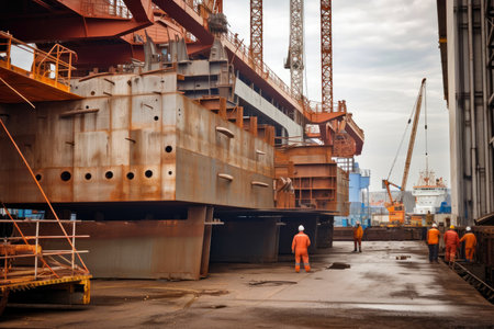 Shipyard with large cranes and workers constructing a cargo ship, welding and assembling massive steel plates, AI Generatedの素材