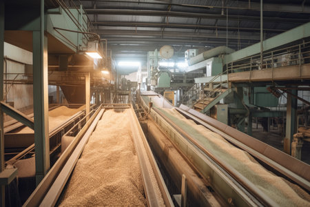 Sugar factory interior with conveyor belts transporting freshly cut sugar cane and machinery processing the raw material into granulated sugar, AI Generatedの素材