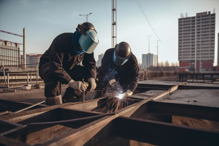 Professional Welders Building Complex Steel Structures in Urban Construction Site, AI Generatedの素材