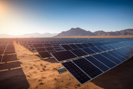 Solar power plant with rows of large solar panels reflecting sunlight in a desert landscape", AI Generatedの素材