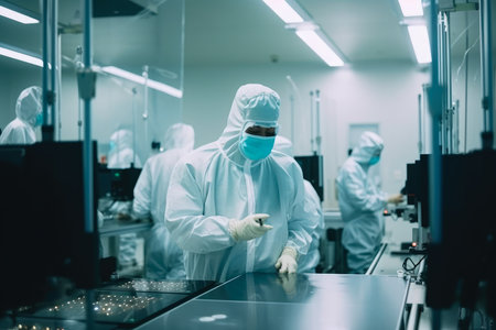 Team of workers wearing protective suits and masks in a semiconductor manufacturing cleanroom, AI Generatedの素材